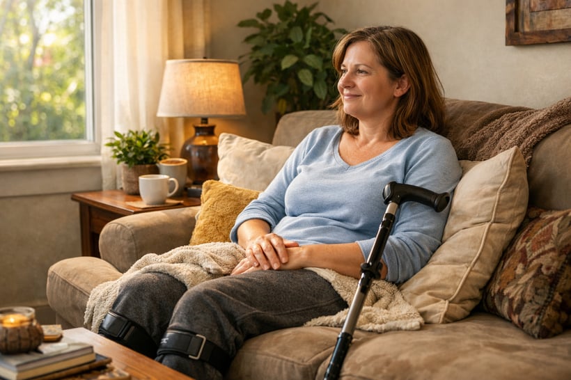 woman with MS and cane sitting on the couch