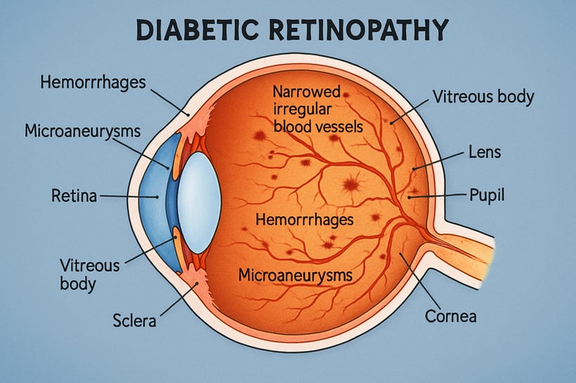 Medical illustration of diabetic retinopathy affecting retinal blood vessels - Ontario Association of Optometrists