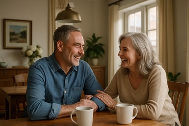 Happy older couple talking at home, showing how to live well with glaucoma - Ontario Association of Optometrists