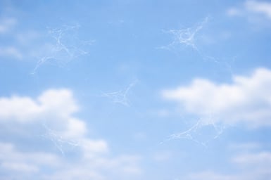 Soft blue sky with faint, translucent cobweb-like floaters drifting across the field of view, representing how eye floaters may appear to patients.